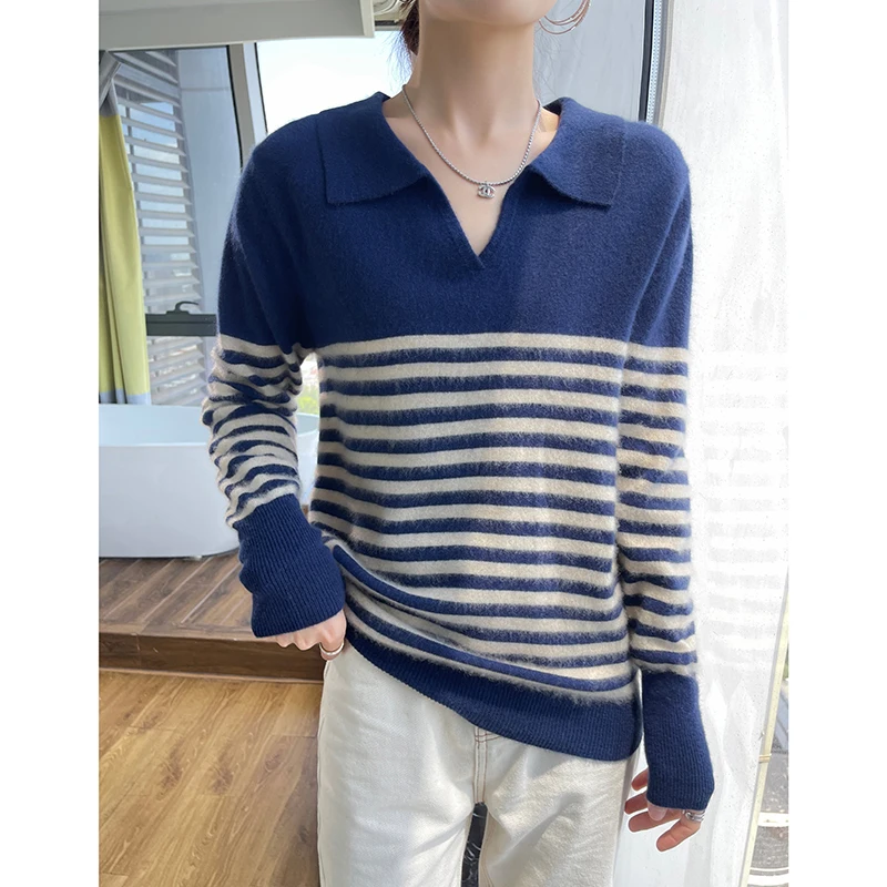 

Women 100% Merino Wool Sweater Polo Collar Striped Contrasting Color Pullover Autumn Winter Cashmere Casual Knitted Warm Top