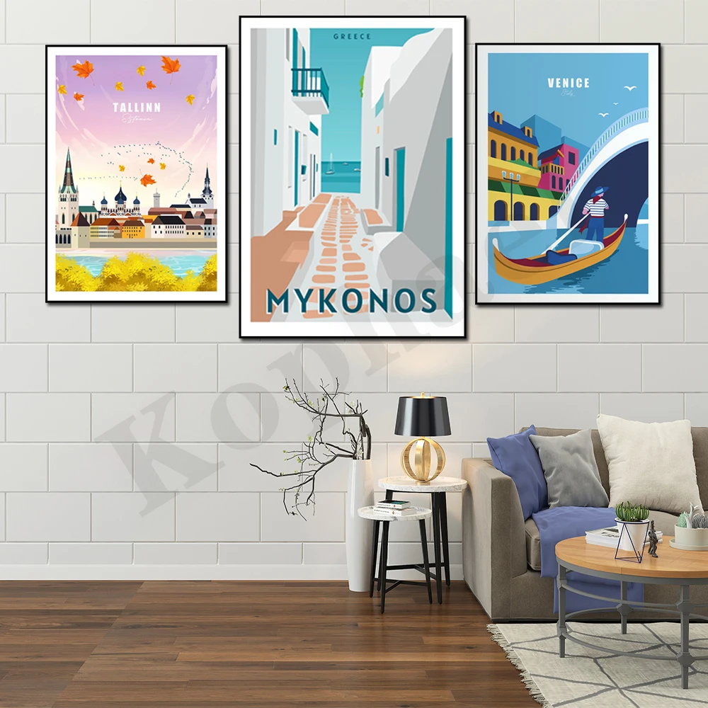 Praga París Florencia Mykonos Dusseldorf Venecia Rivier Tallina. Paisaje de viaje. Pintura en lienzo del arte de la decoración de la pared del hogar