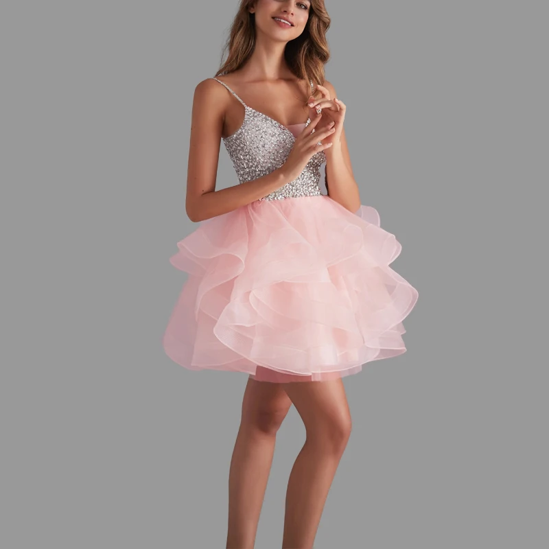 Robe de Cocktail à Paillettes en Tulle pour Femme, Tenue Élégante à Col en V, Bretelles Spaghetti, pour ixet Remise de Diplôme