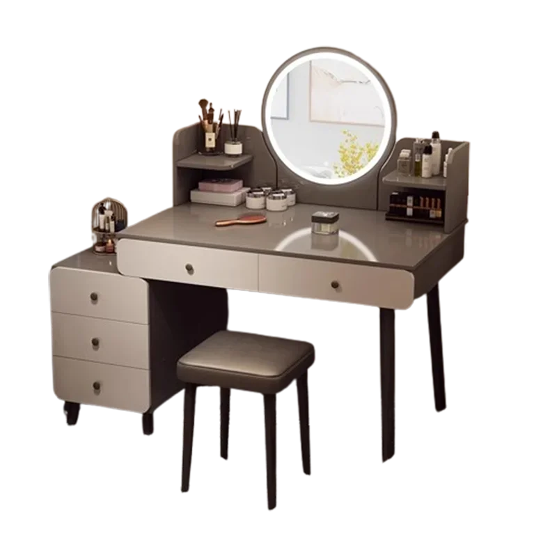 Tocador de dormitorio con espejo iluminado, taburete nórdico, tocador de almacenamiento, cajón de maquillaje, Tocador, muebles de Maquillaje