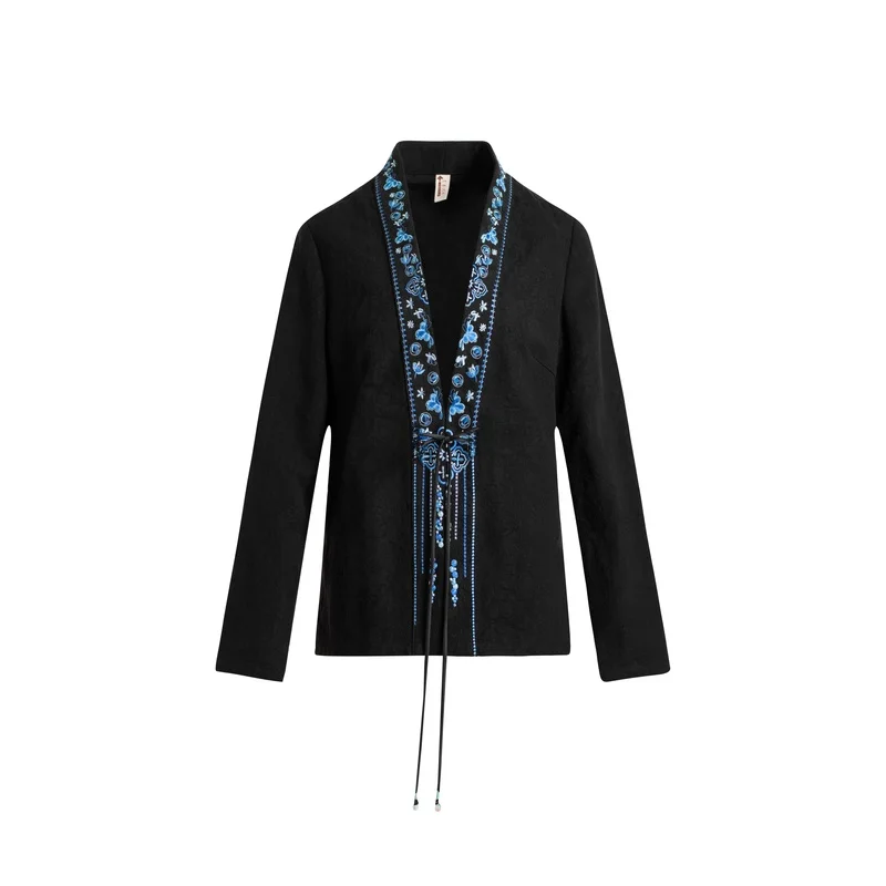 Retro Embroidered Belted Open Cardigan Jaet Women's New Autumn Winter Faion Cotton Linen Blend Long Sve Straight Cut