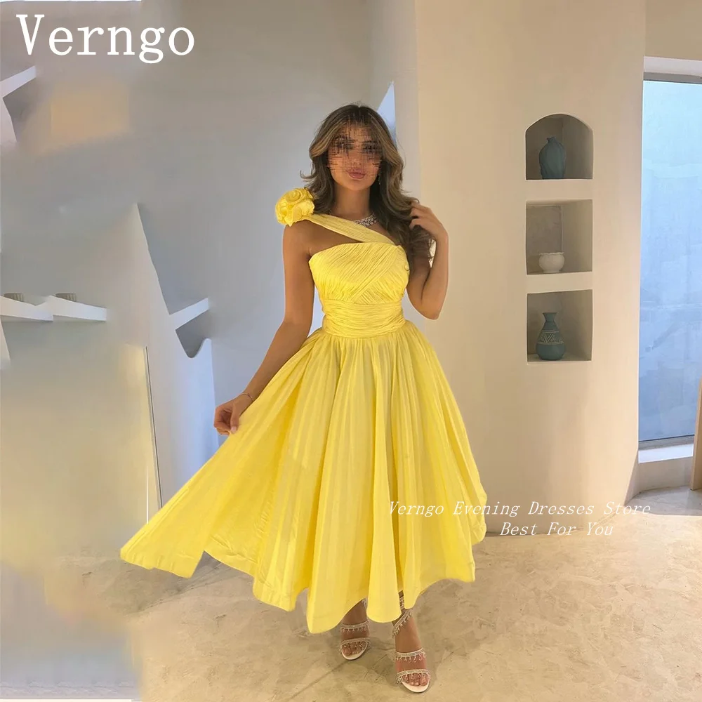 Verngo Bright Yellow Chiffon Evening Dress One Shoulder A Line Prom Gowns For Women Simple A Line Saudi Arabic Party Dress