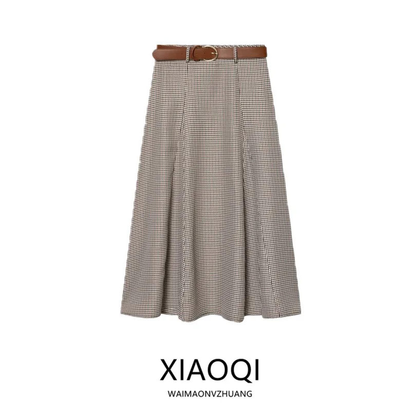 Winter New Women's Checkered Midi Skirt with Belt Half-length Cowl Neck Design Commute Style High Waist Loose Fit A-Line Skirt