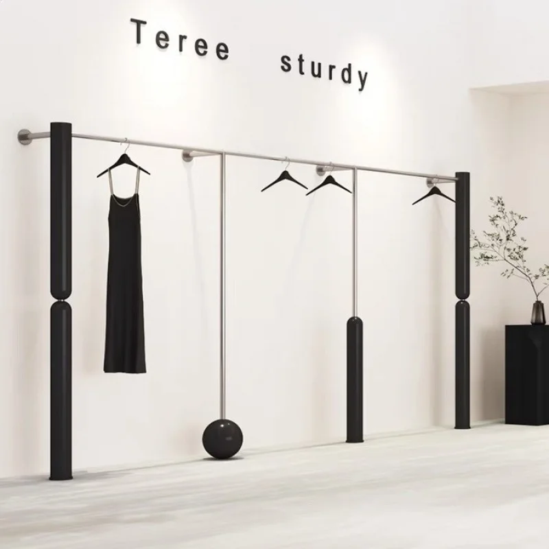 

Custom. Clothing Store Black Paint Silver Stainless Steel Unisex Wear Wall-Mounted Shelf Floor Type Clothesline Pole Display Rac