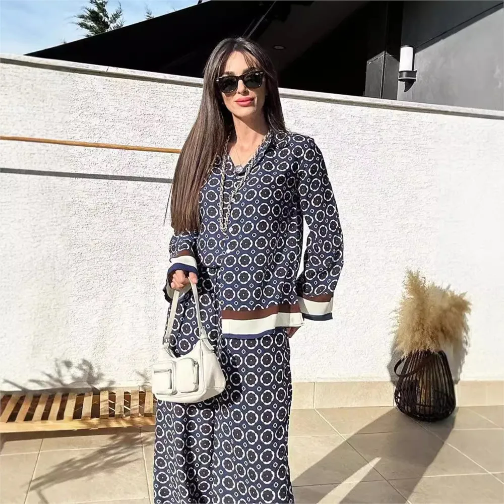 빈티지 프린트 팬츠 세트 봄 가을 여성 셔츠 + 와이드 레그 트라우저 투피스 세트 패션 트렌디 스트릿웨어 여성 정장 2025