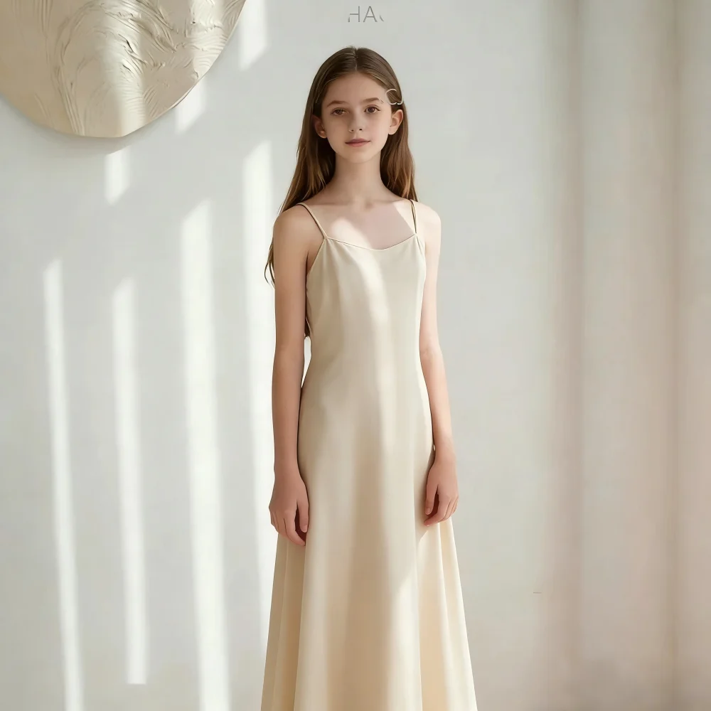 New Children Girls Simple  Princess Gown Pageant Birthday Party Outfit Elegant Red Sleeveless Satin Kids Formal Dress Costume