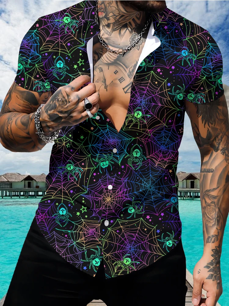 Camisa colorida de teia de aranha masculina impressão digital 3D, manga curta, popular, larga, grande, casual moda de rua, verão