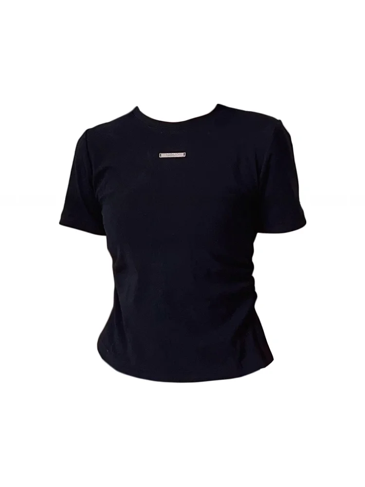 Bla Pure Cotton Slim Fit Or Sve T-irt Femme Été Plissé Taille Contrôle Polyvalent Corps Irt Doux Et Épicé Min...