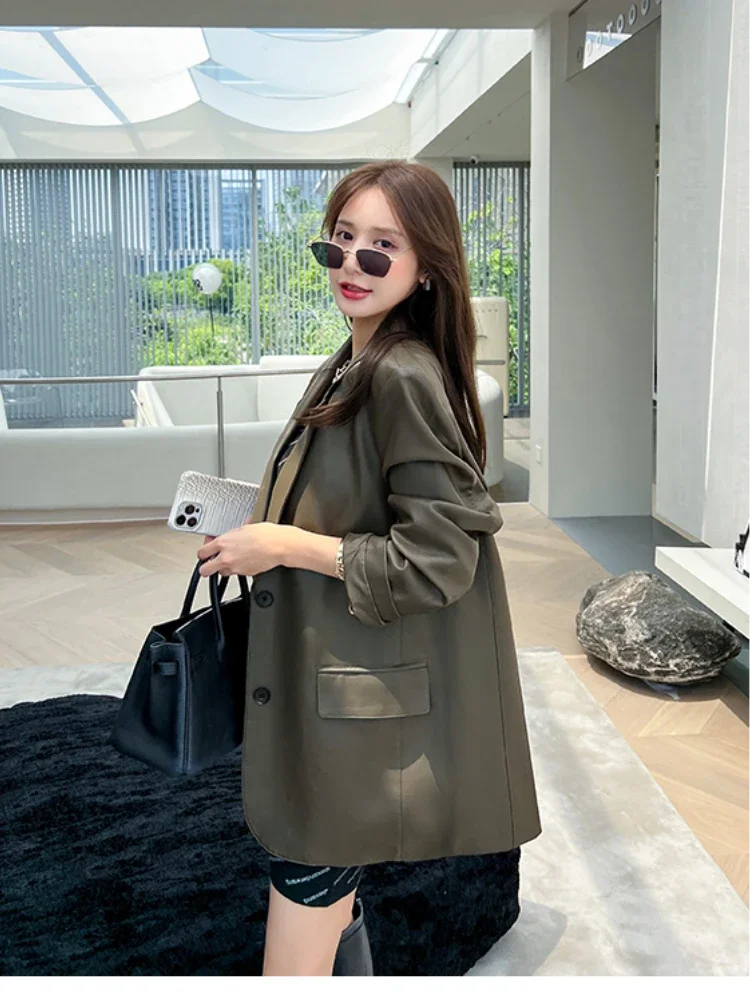 Brown PU Leather Suit Jacket Women Spring Elegant High Quality Black Blazers Mujer Fashion Luxury Loose Causal Outwear Coats New