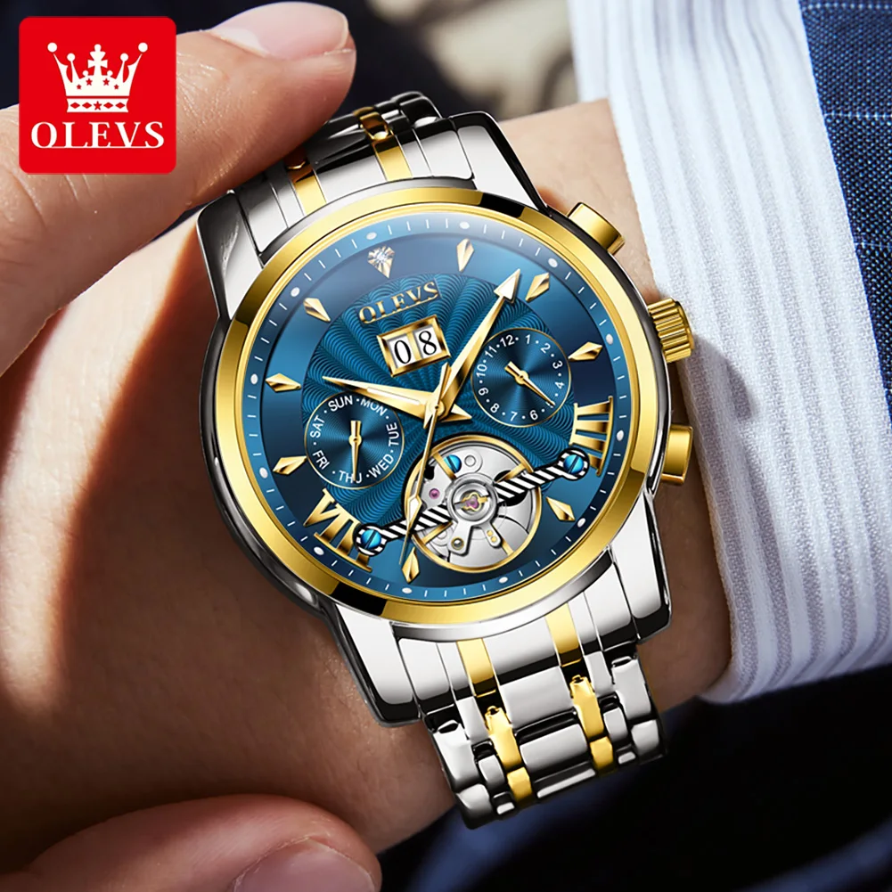 OLEVS Luxury Top Brand Watch for Men Automatic Mechanical Watches Waterproof Stainless Steel Skeleton Design Man Wristwatch