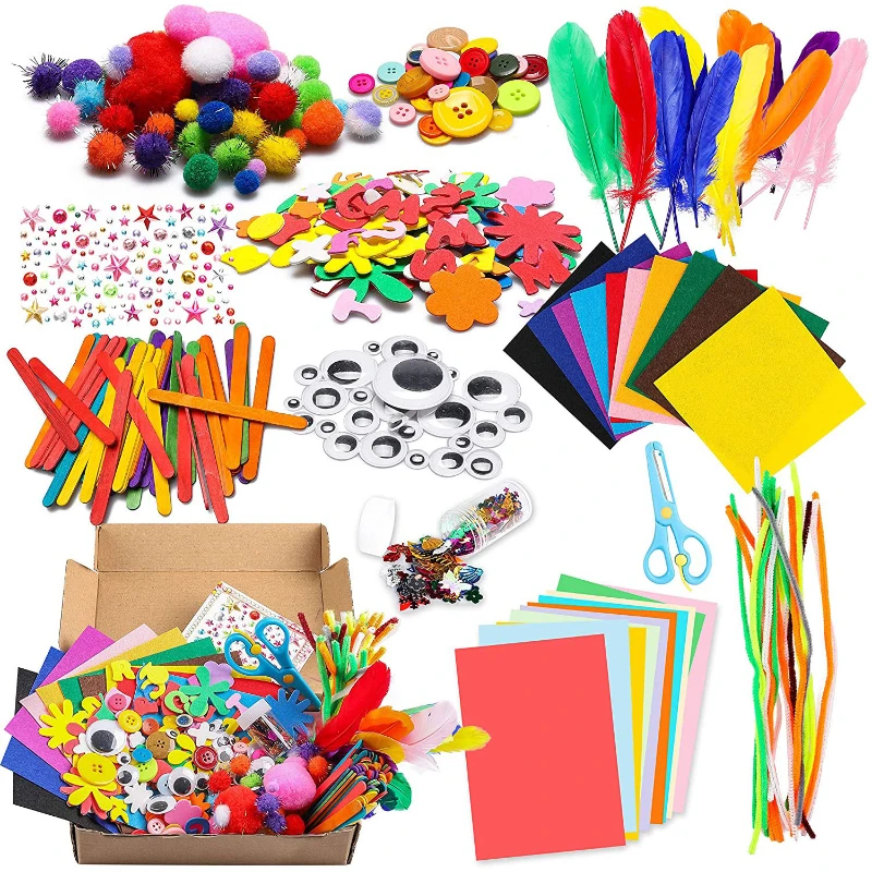 DIY Art Craft Kit for Kids Pompoms Pipe Feather Foam Flowers Letters Crystal Sticker Wiggle Googly Eyes Handmade Material Kits