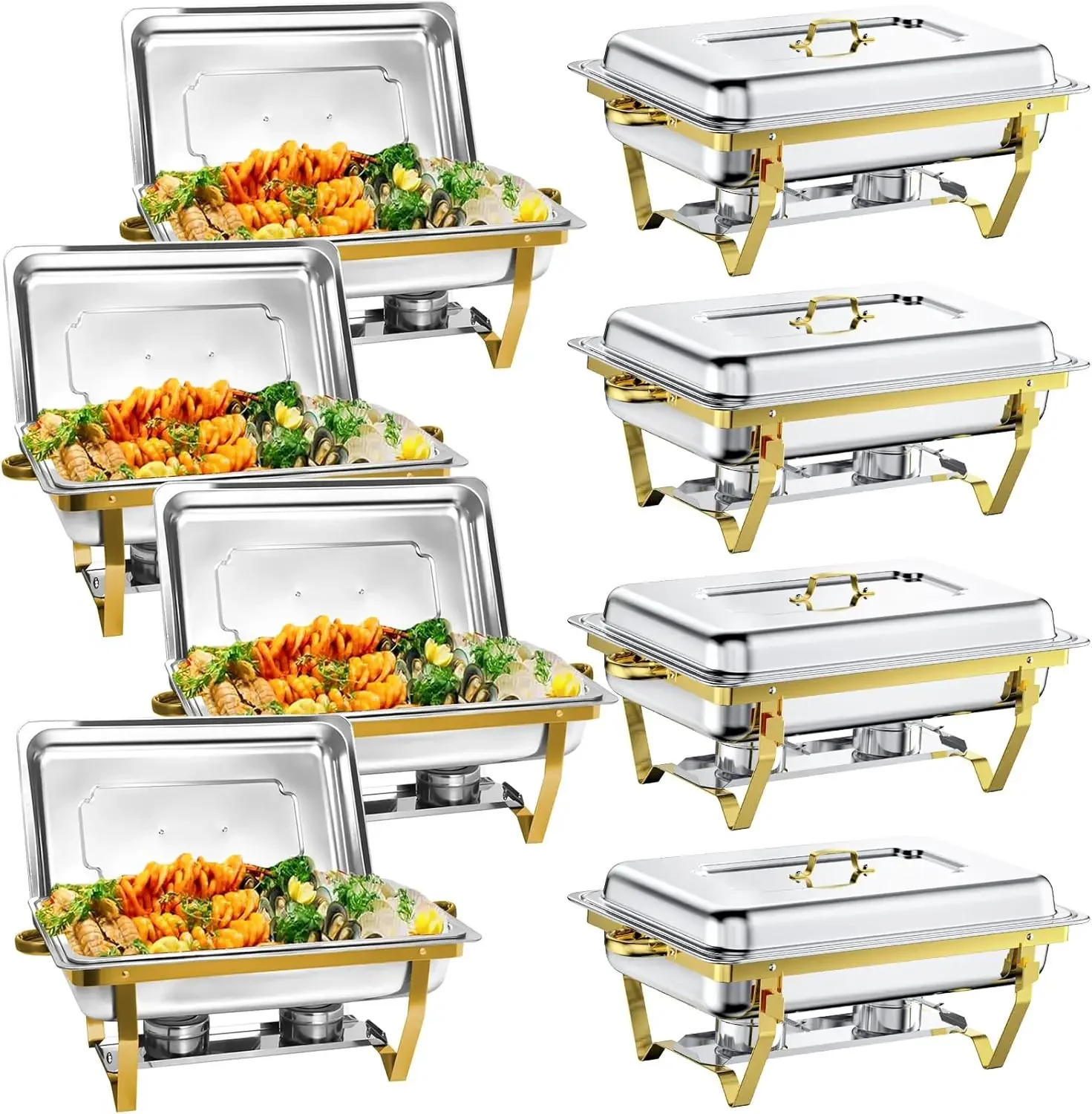 

Chafing Dish Buffet Set 8 Pack 8 QT, Stainless Steel Gold Rectangular Buffet Servers and Warmers,Chafers for Catering, Food