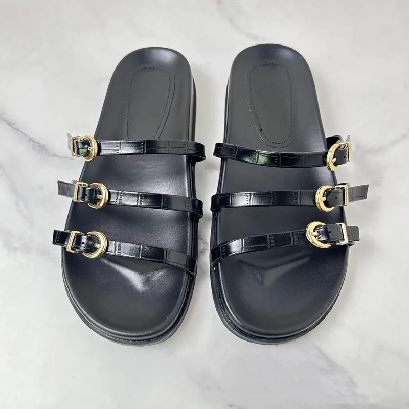 PSEEWE 2024 Black Flat Sandals Women Fashion Buckle Open Toe Women Slippers Casual Sandals Designer Luxury Slippers Female Shoes