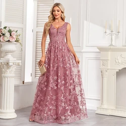 Women V-Neck Sleeveless Sequin Embroidery Evening Dress A-line Pink Birthday Party Dress Formal Ball Gown