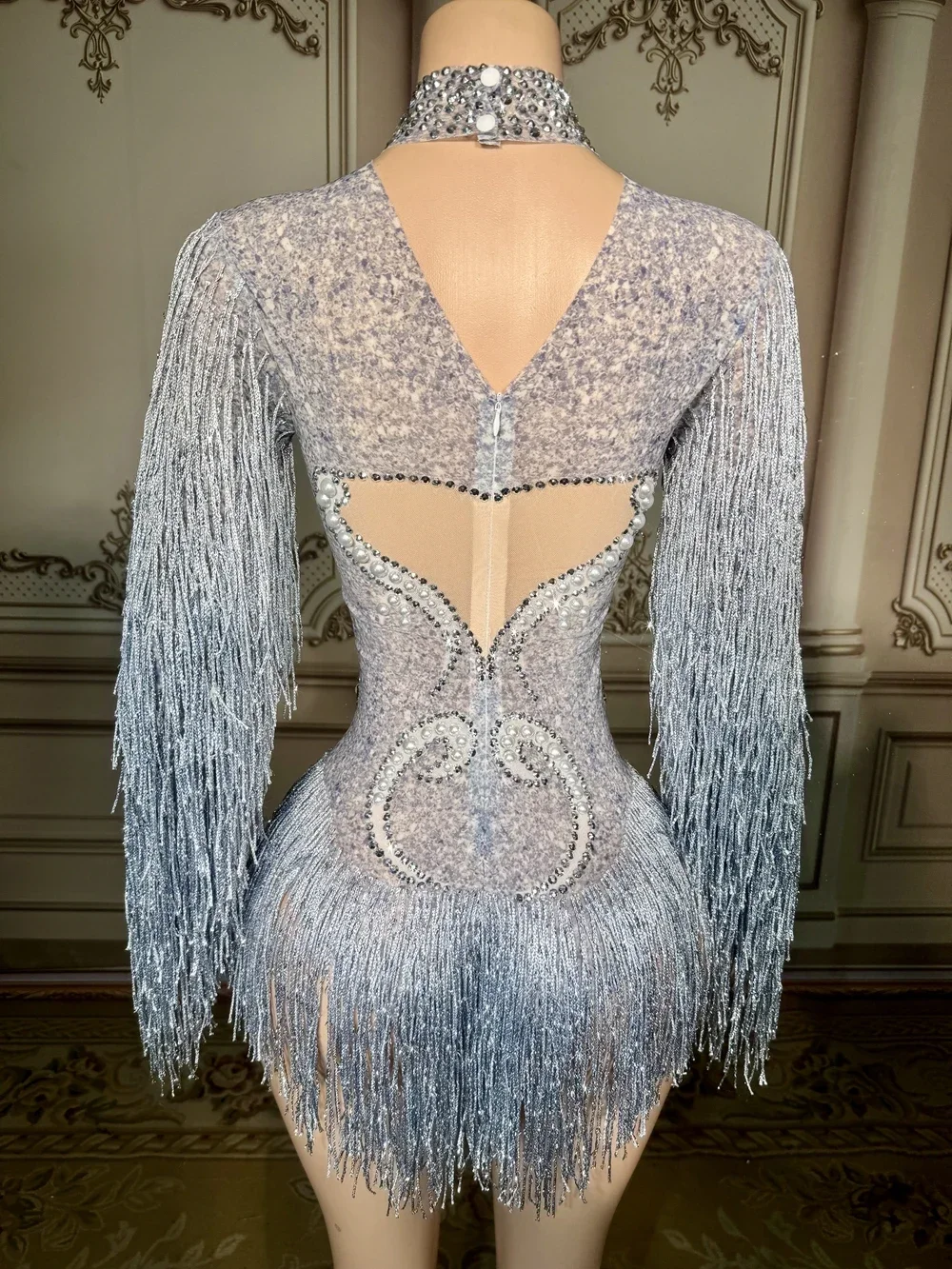 Women Sexy Mesh Performance Dance Costume Nightclub Singer Dancer Stage Wear Sparkly Rhinestones Long Sleeve Fringes Bodysuit