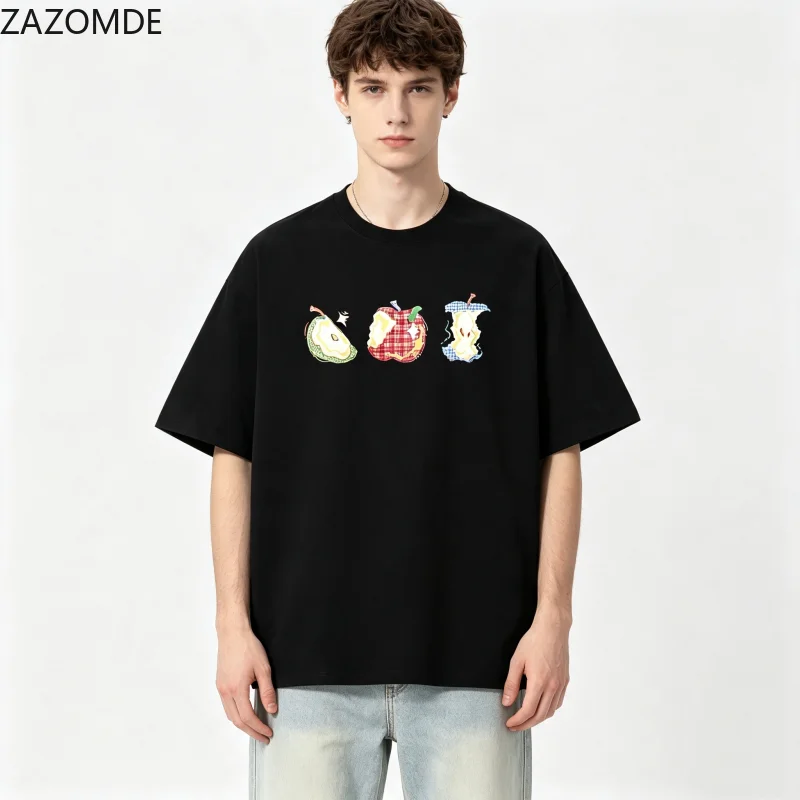 Korean-Style Women's Casual T-Shirt: Cute Plaid Pattern, Apple-Shaped Decorative Pattern, Round Neck Design, Loose Fit, Versatile, Suitable for Both Men and Women.