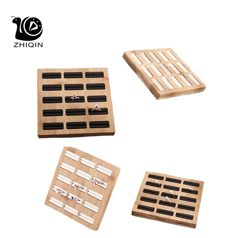 

15 Grids Rings Storage Tray Jewelry Display Rack Bamboo PU/Velvet Jewelry Rings Organizer Rack Display Shelf Showcase