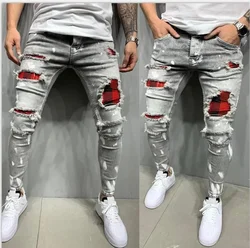 2025 Jeans Pencil Pants Holes Distressed Men Streetwear Denims Patchwork Mid Waist Slim Fit Washed Denim Ankle Length Trousers