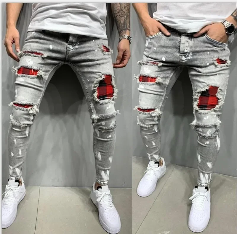 2025 dżinsy spodnie ołówkowe dziury w trudnej sytuacji mężczyźni Streetwear Denims Patchwork średnio wysoka talia Slim Fit sprany dżins spodnie do kostek
