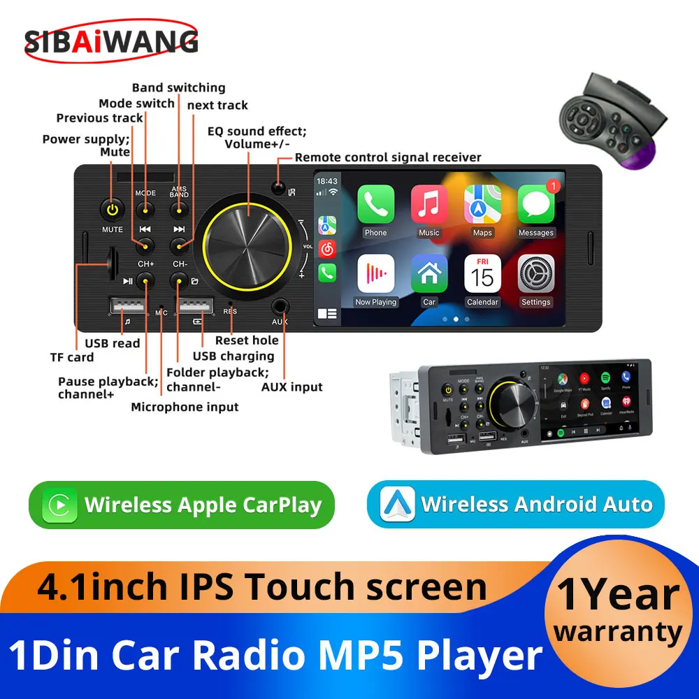 

Wireless CarPlay Android Auto 1Din Car Radio MP5 Multimedia Video Player Universal 4.1-inch 60W*4 AUX USB Bluetooth TouchScreen