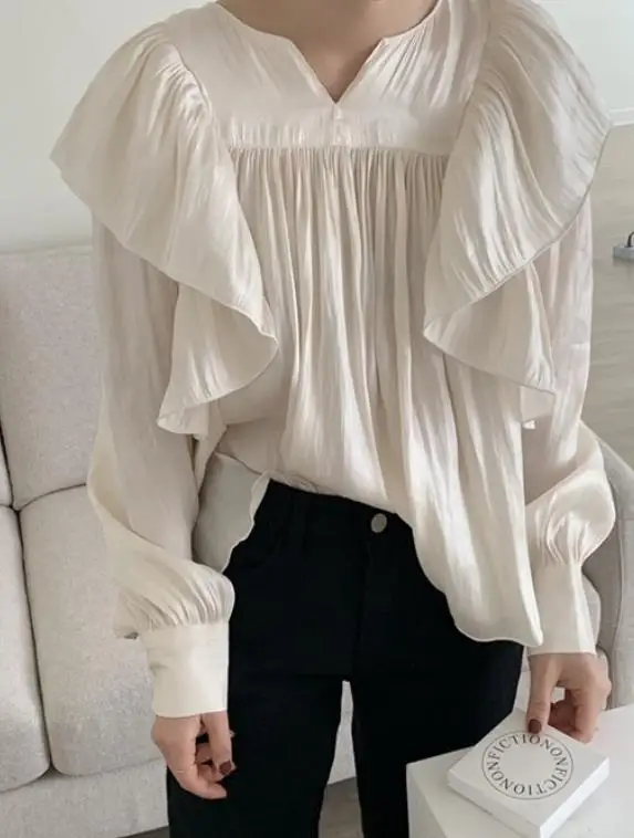 

Осенняя женская рубашка для путешествий и отдыха с персонализированным дизайном с плиссированными краями, модная плиссированная хлопково-льняная шифоновая рубашка с рукавами-фонариками