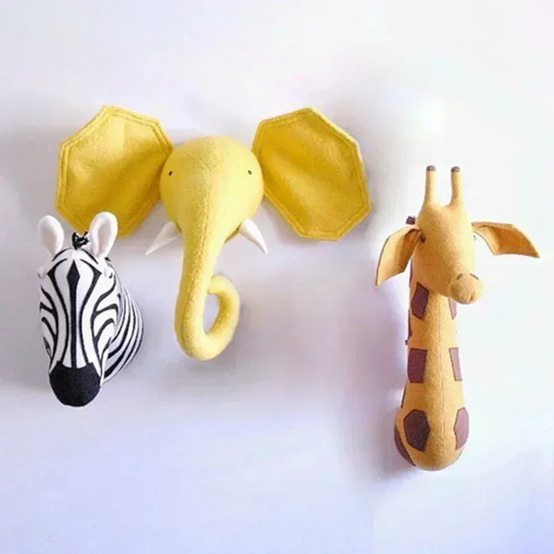 Adorables juguetes de peluche con cabeza de animal en 3D con elefantes, jirafas y cebras, decoración del hogar para colgar en la pared, regalo encantador para niños