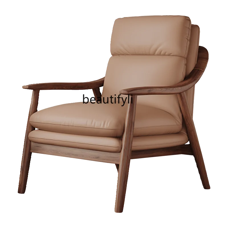 

American Single-Seat Sofa Solid Wood Genuine Leather Chair Designer Light Luxury Wingback Chair Living Room Leisure Chair