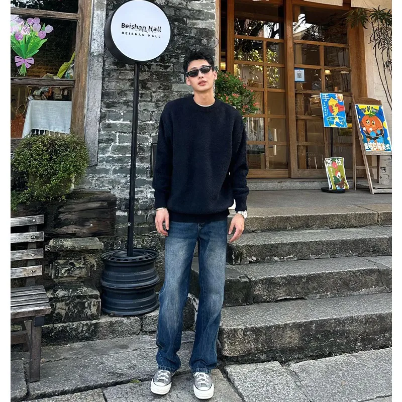 

American Retro Blue Straight Leg Men's Jeans CleanFit Waed Micro Flared Long Pants Slimming Autumn Winter Denim Jeans