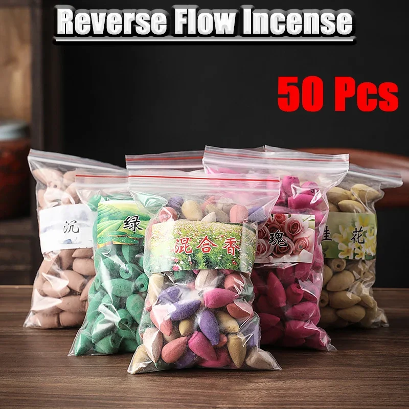 50PCS Mixed Natural Incense Rose Jasmine Lavender Osmanthus Sakura Smoke Cone Reflux Tower Incense Backflow Incense Bullet