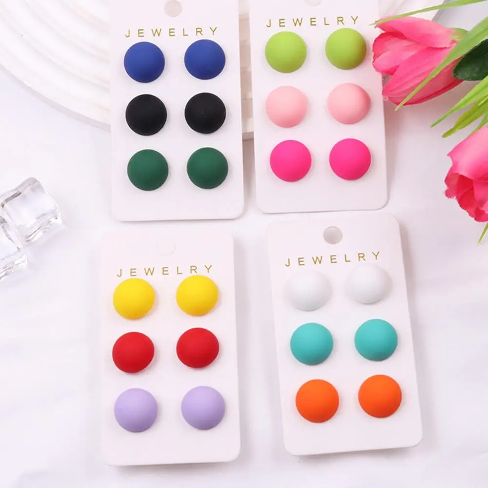 3 Pairs Acrylic Round Stud Earrings Set for Women Minimalist Style Elegant Ball Bead Earrings Korea Jewelry Accessories