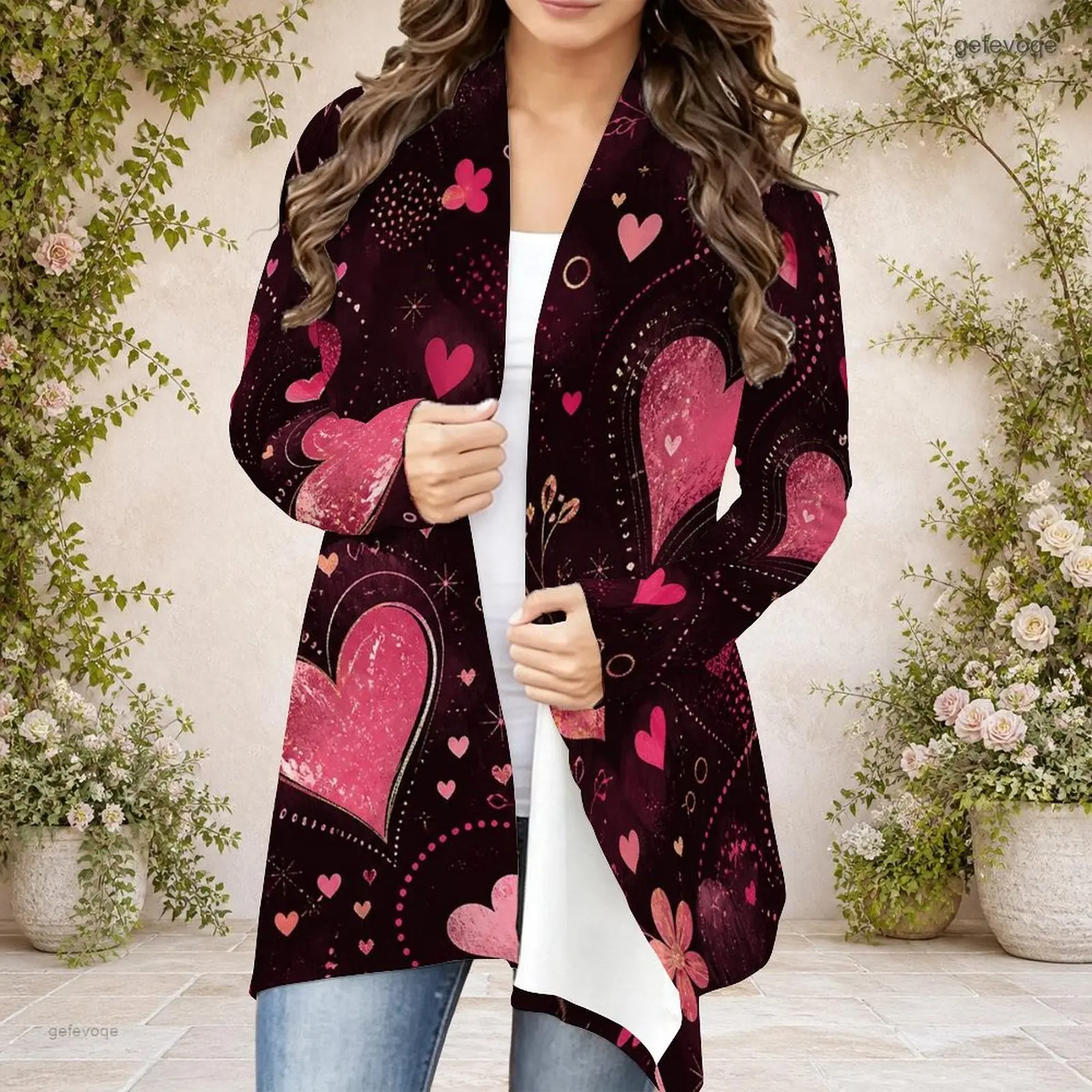 Long Sleeve Open Front Draped Collar Curved Hem Printed Cardigan for Women