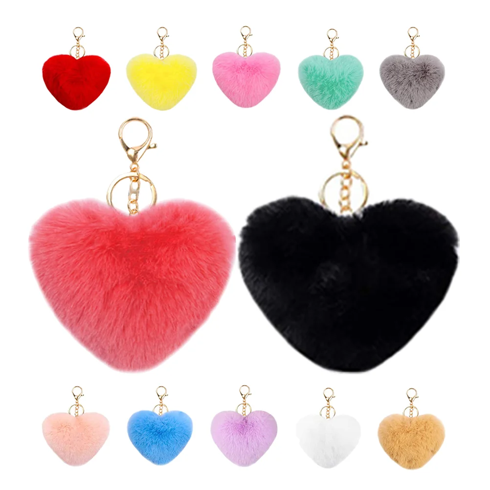 

12 Pcs Fur Ball Keychain Puff Pom Decorative Heart Adorable Bag Pendant Accessories Bow Tie Miss