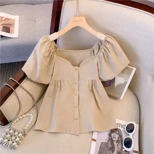 2024 Spring Summer Women\'s Blouses Fashionable Single Breasted Square Collar Puff Sleeve Vintage Solid Shirts Tops Women Clothes