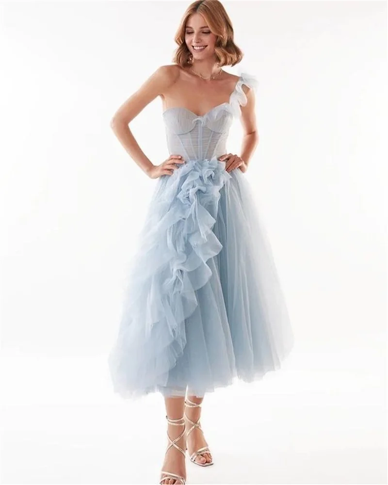 Light Sky Blue Prom Dress A Line One Shoulder Sleeveless Formal Tulle Party Evening Gown 100% Real Photo In Stock