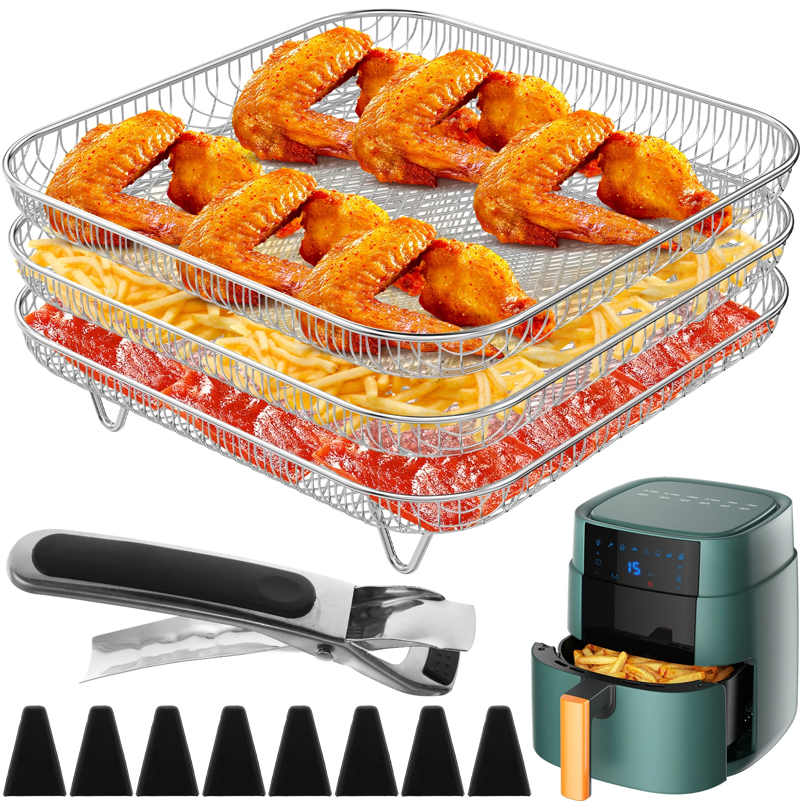 3 Layer Air Fryer Rack Square Grilling Rack Stainless Steel Grill Dehydrator Rack Stackable Basket Kitchen Gadgets Cooking Tools