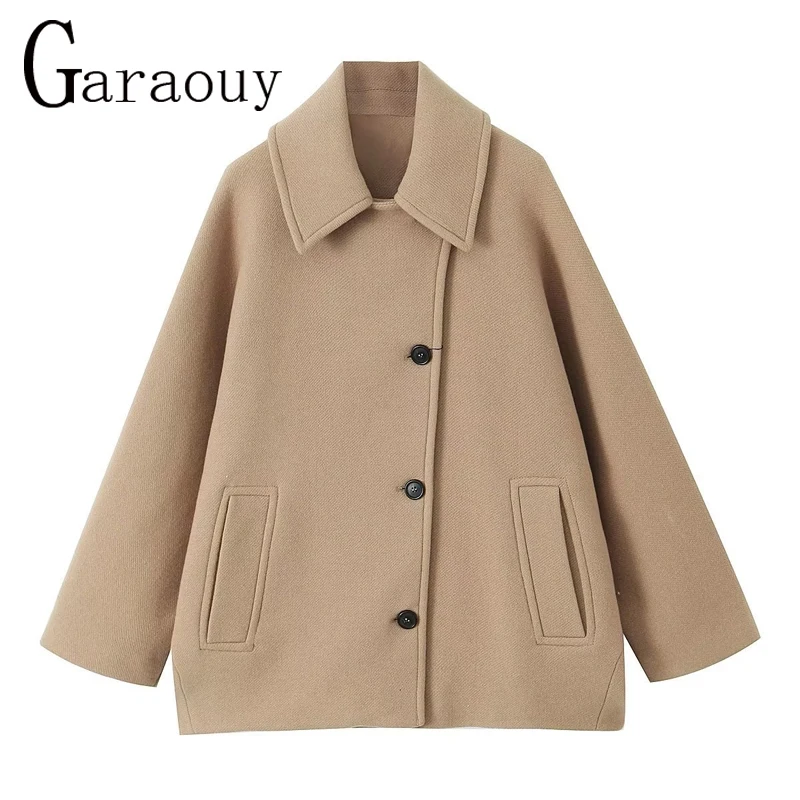 Garaouy 2024 Spring Women Simple Solid Diagonal Buckle Short Woolen Coat Female Oversized Loose Chic Overcoat Office Lady Jacket