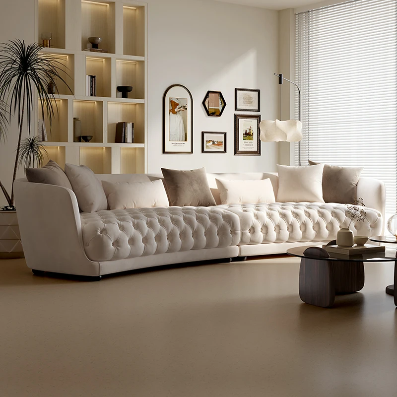 French curved fabric sofa living room designer villa retro cream moon surface pull button creative