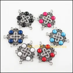 Fashion 6Pcs Tibetan Silver Plated Knot Mixed Acrylic Charms Flowers Connectors 30x37mm