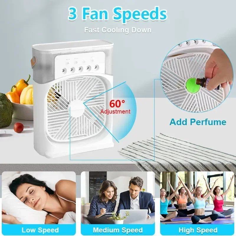 Ventilador 3 en 1 para el hogar, Enfriador de aire pequeño con luz LED nocturna, Humidificador portátil, ventilador de ajuste de aire para oficina y