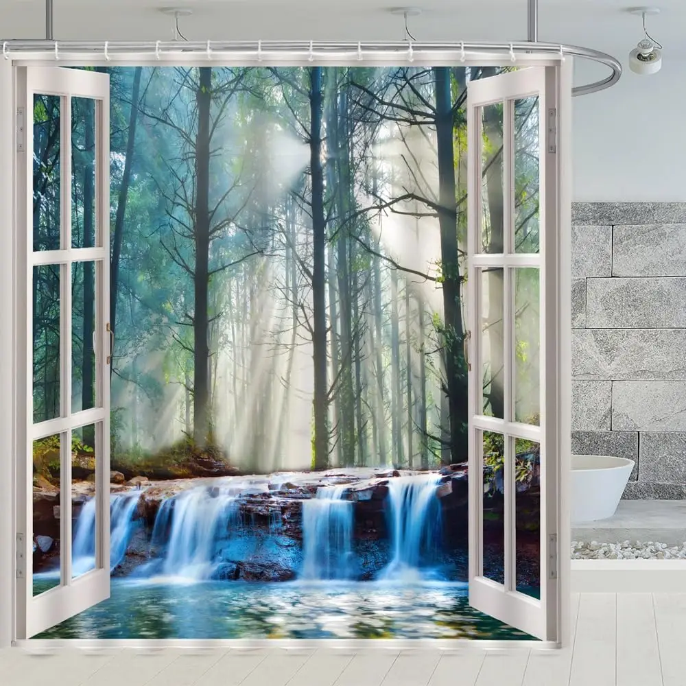 

Autumn Outdoor Nature Scenery Shower Curtains Waterfall Forest Pine Tree Window View Fall Landscape Bathroom Decor Polyester