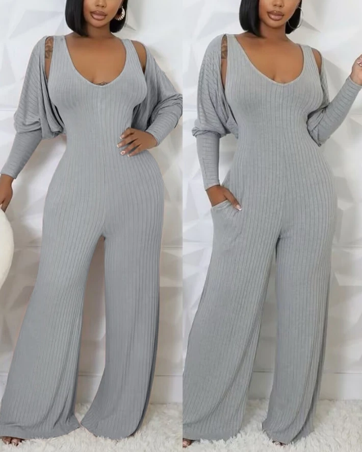 Elegant Two Piece Set for Woman Knitted Ribbed V-Neck Sleeveless Wide Leg Pocket Jumpsuit Cardigan Jacket Elegant Two Piece Set