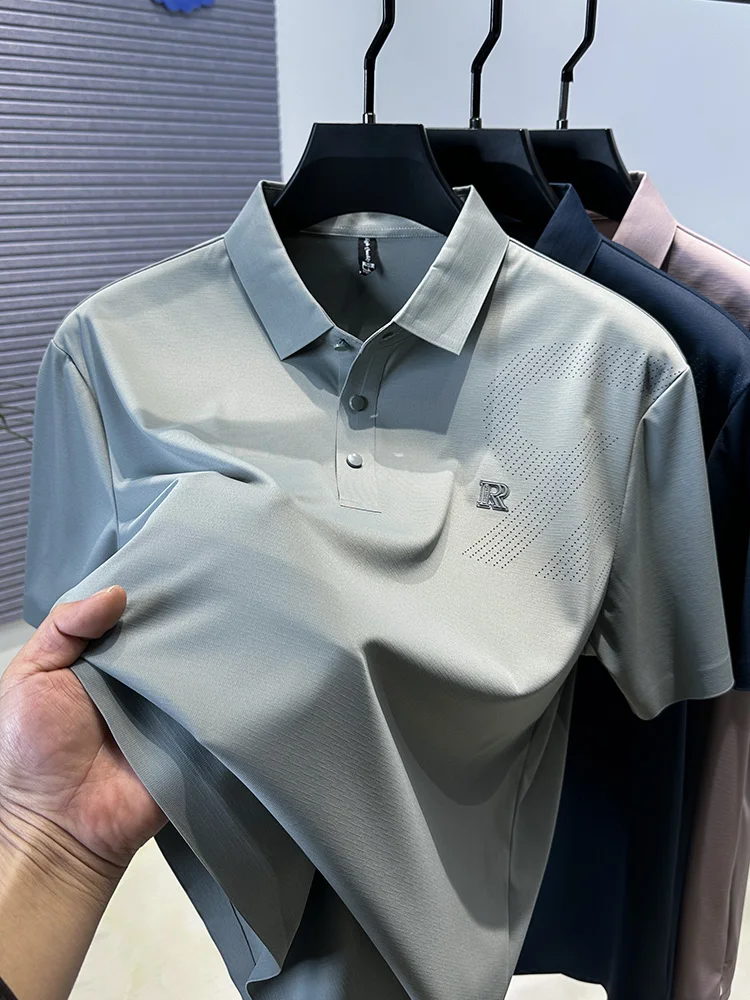 

Fashionable short sleeved new lapel ice silk seamless polo shirt loose business casual summer simple and versatile trendy top