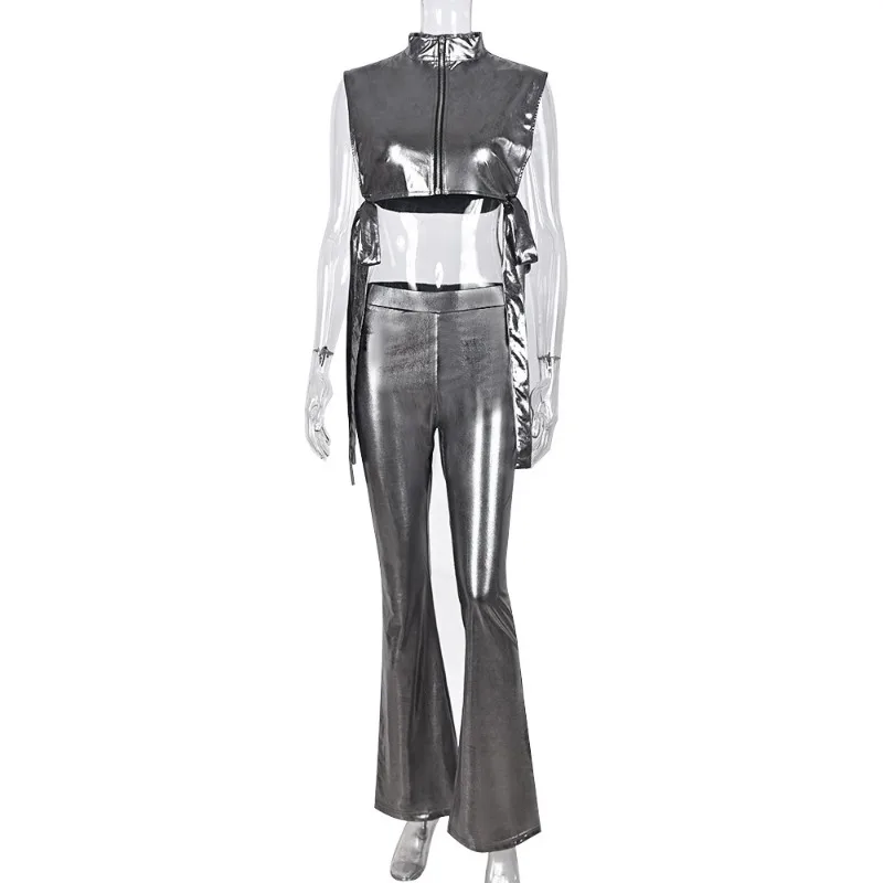 Y2K Metallic Gilding PU Leather 2 Piece Set Women Sleeveless Side Lace Up Zipper Vests Crop Top High Waist Flare Pants Clubwear