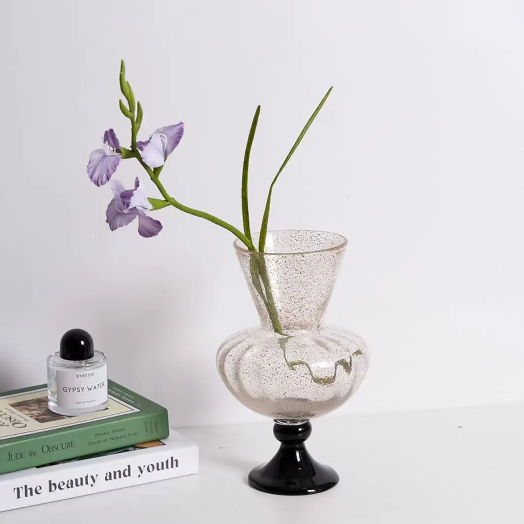 High Footed Glass Vase Artistic Flower Vessels Sprinkled Gold Hydroponic Vase Dried Flower Vases