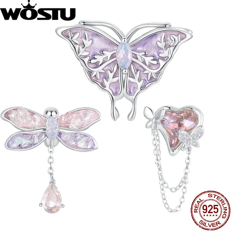 

WOSTU 925 Sterling Silver Transparent Dancing Butterfly Charm Enamel Dragonfly Pendant Fit Original Bracelet DIY Valentine Gift