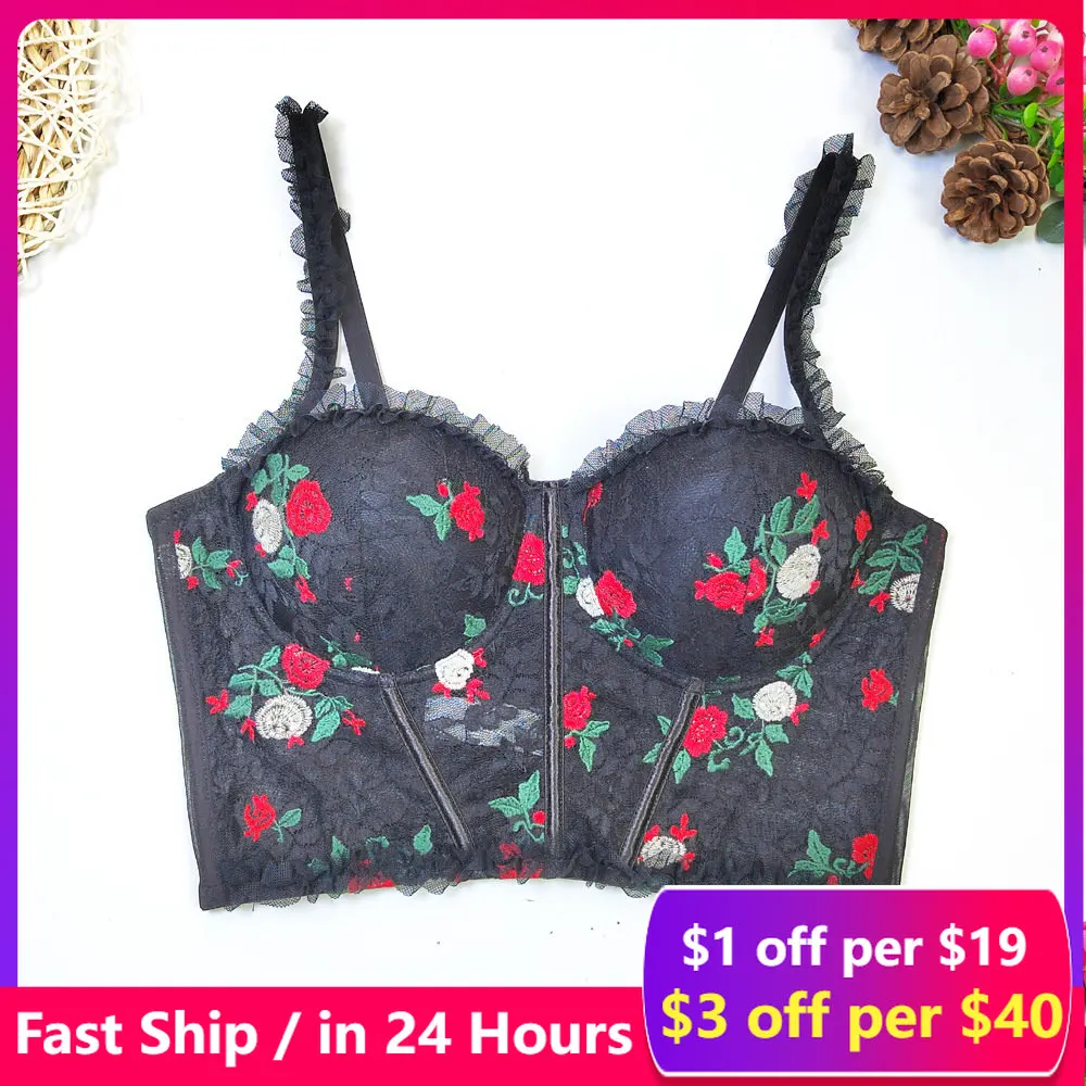 

French Sweet Crop Top Lace Splice Fragmented Flower Suspender Tank Top for Women's Summer Outwear Bra Sexy Fishbone Tops Corset