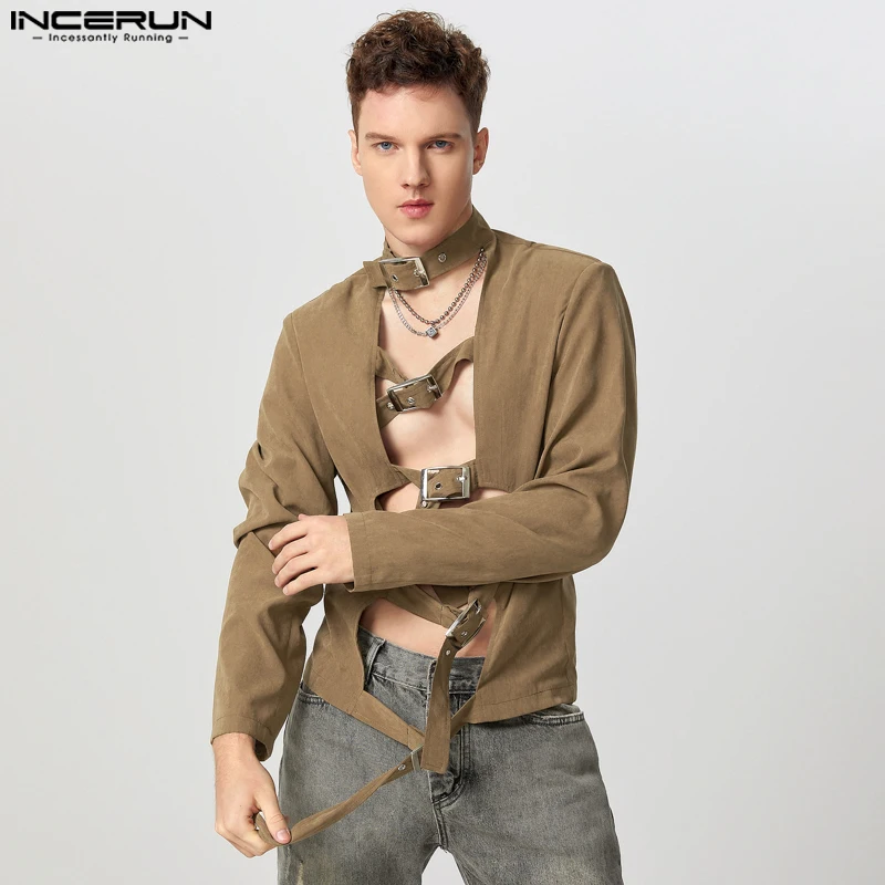 Mode Casual Style Y-INCERUN Hommes Métal strucDeconFumDesign Chemises Sexy Mâle Solide Creux À Manches sulfBlouse S-5XL