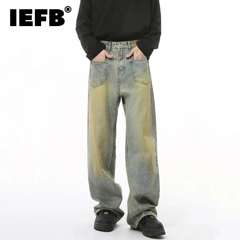 IEFB High Street Men's Denim Pants  Reverse Wear Design Washing Worn-out Personalized Straight Wide Leg Loose Male Jeans 9C9296