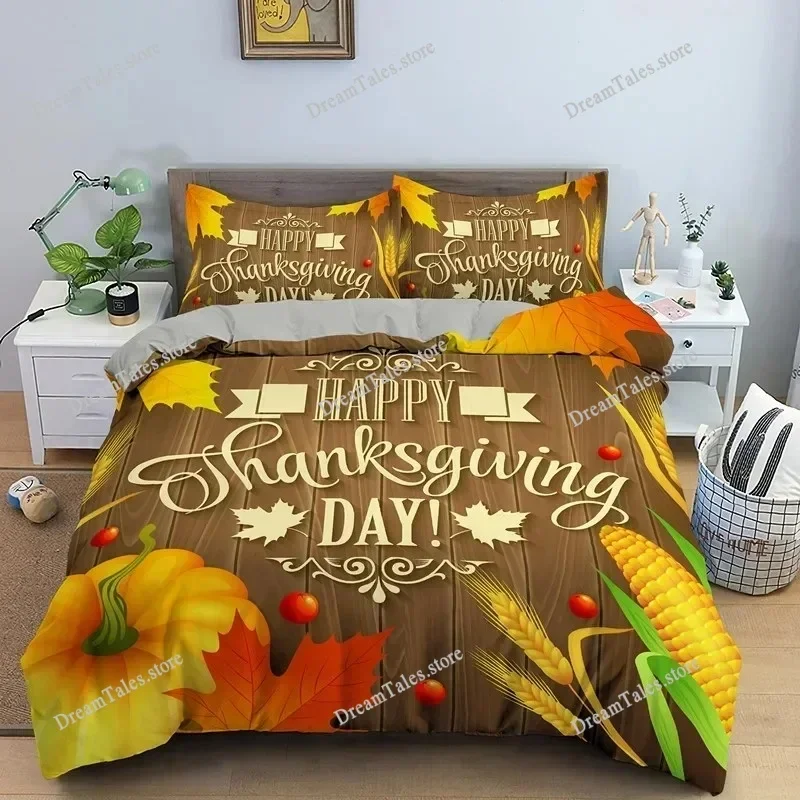 

Autumn Thanksgiving Day Duvet Cover King Queen Cartoon Orange Pumpkin Turkey Bedding Set Maple Leaves Soft Polyester Quilt Cover