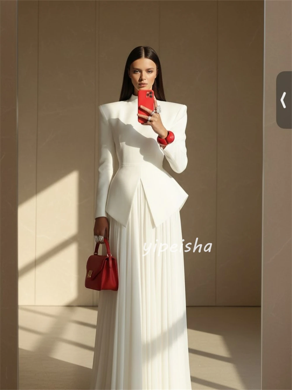 Customized Elegant Women Jersey Ruched Pleat  A-Line Evening Dresses Formal High Collar Long Sleeves Floor Lenght Prom Dresses image 4